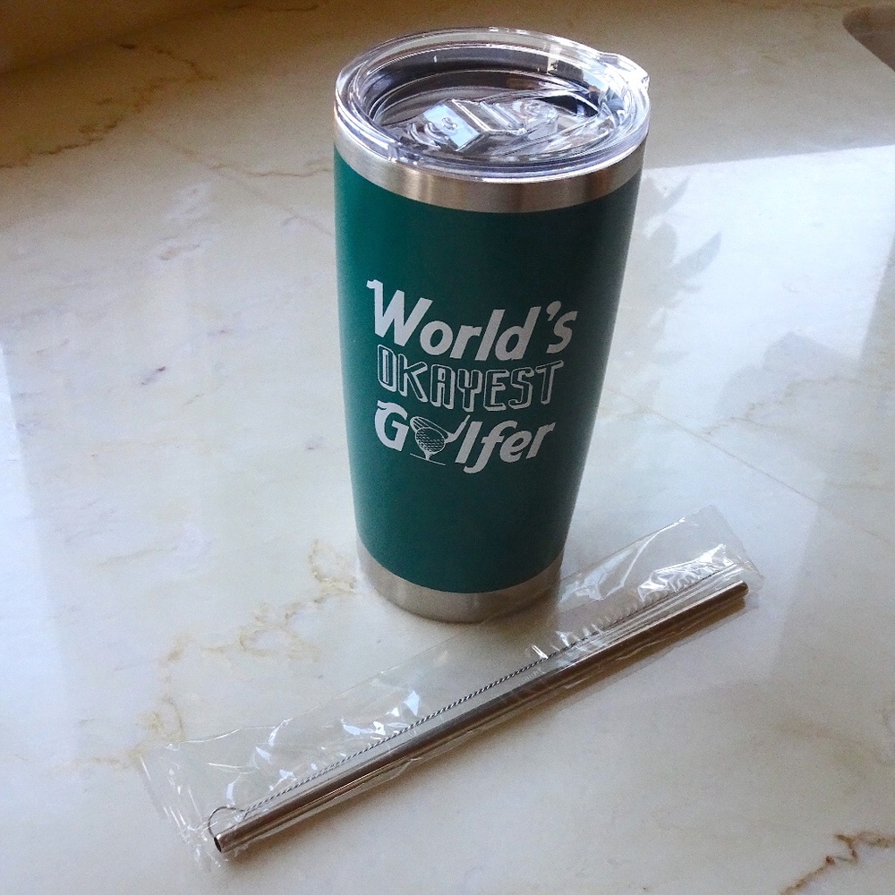 World's Okayest Golfer Forest Green Tumbler w/ Metal Straw 20 oz - Gift For Him - Picture 5 of 5